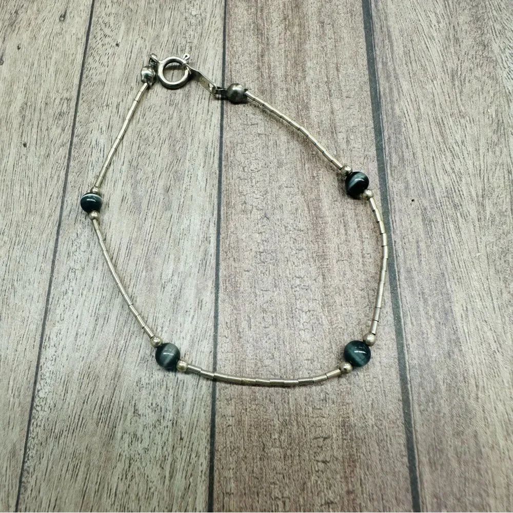 Sterling Silver Liquid Silver Gray Cat Eye Bead Bracelet 7 In. B2